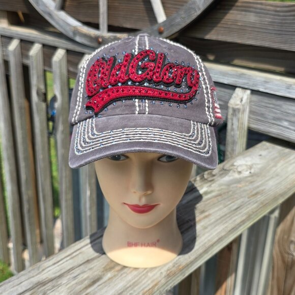 Ladies Dark Gray Old Glory BLING Hat NEW - Picture 1 of 4